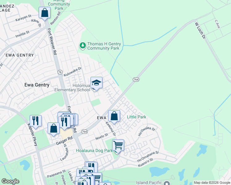 map of restaurants, bars, coffee shops, grocery stores, and more near 91-1022 Laulauna Street in Ewa Beach