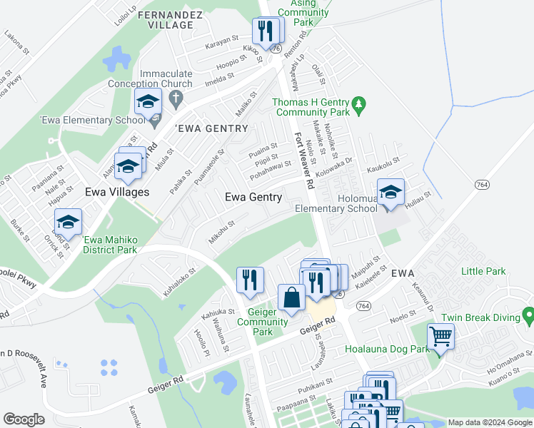 map of restaurants, bars, coffee shops, grocery stores, and more near 91-1057 Laaulu Street in Ewa Beach