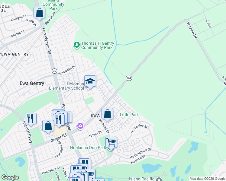 map of restaurants, bars, coffee shops, grocery stores, and more near 91-1011 Laulauna Street in Ewa Beach
