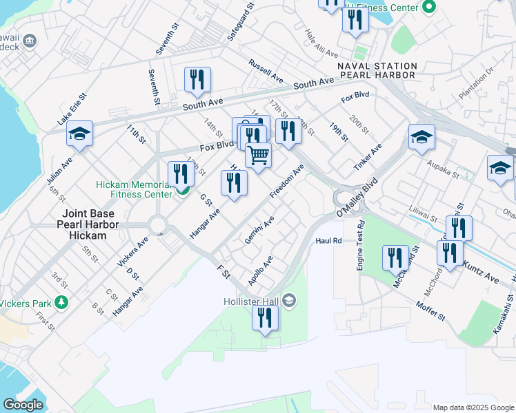 map of restaurants, bars, coffee shops, grocery stores, and more near Freedom Avenue in Honolulu