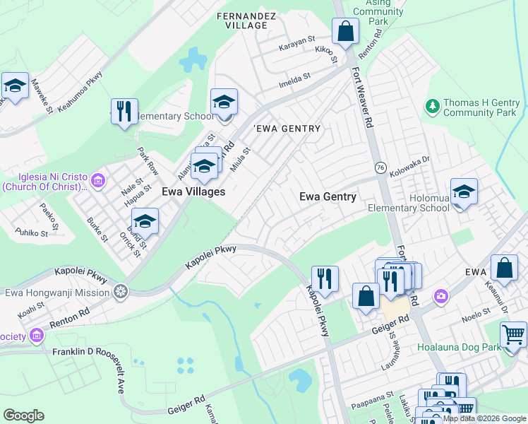 map of restaurants, bars, coffee shops, grocery stores, and more near 91-1019 Puaniu Street in Ewa Beach