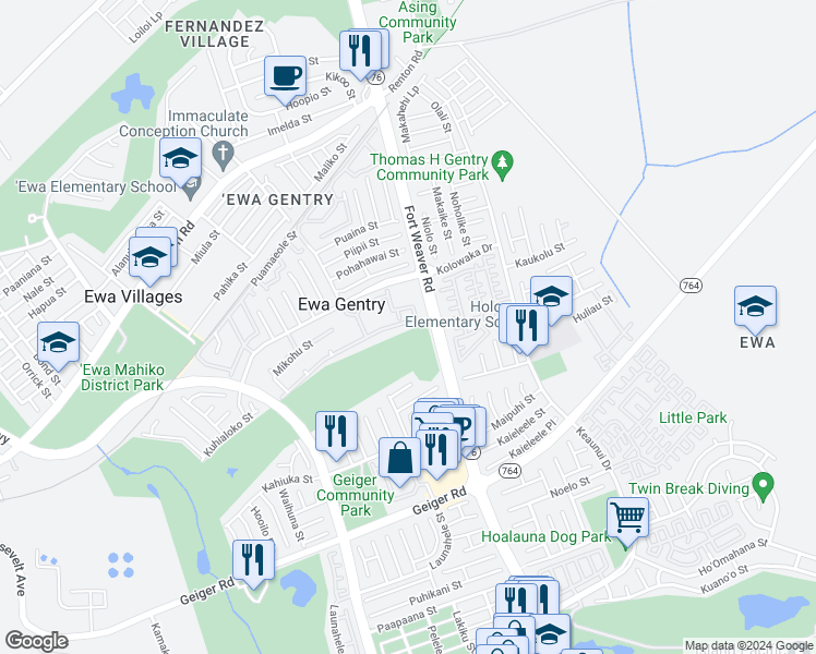 map of restaurants, bars, coffee shops, grocery stores, and more near 91 Fort Weaver Rd in Ewa Beach