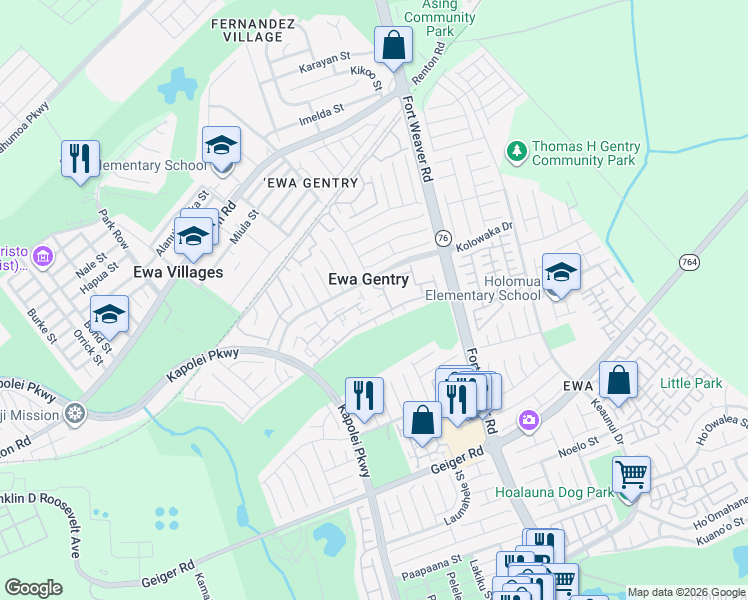 map of restaurants, bars, coffee shops, grocery stores, and more near 91-1057 Laaulu Street in Ewa Beach