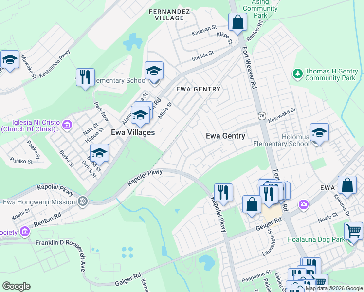 map of restaurants, bars, coffee shops, grocery stores, and more near 91-1019 Puaniu Street in Ewa Beach