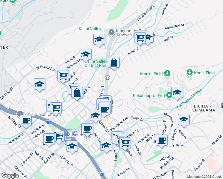 map of restaurants, bars, coffee shops, grocery stores, and more near 1669 Makuakane Place in Honolulu