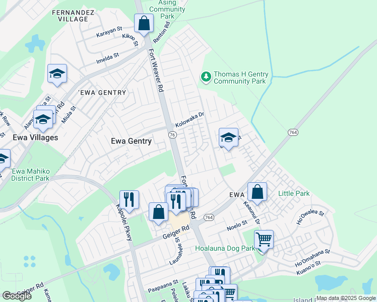 map of restaurants, bars, coffee shops, grocery stores, and more near 45 Hoowehi Place in Ewa Beach