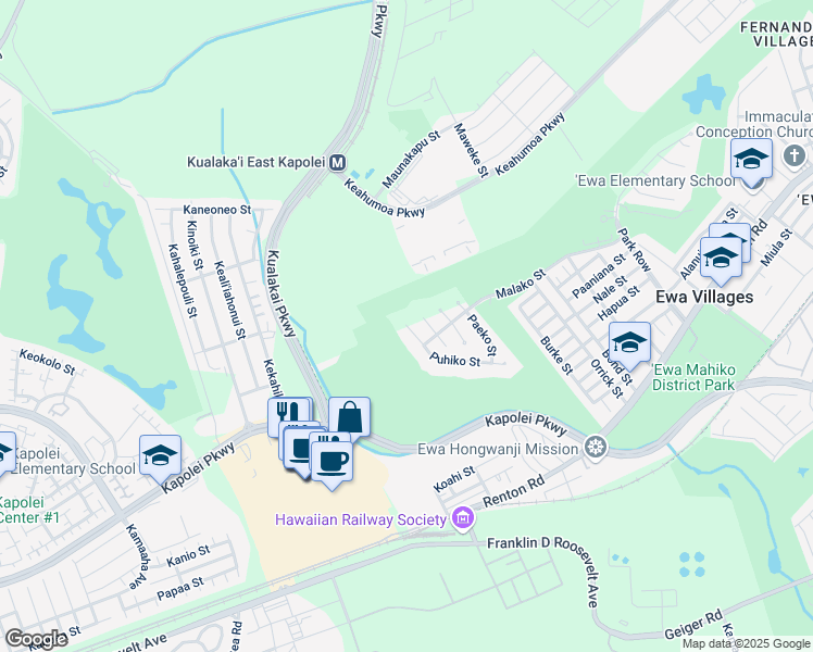 map of restaurants, bars, coffee shops, grocery stores, and more near 91 Puhiko Street in Ewa Beach