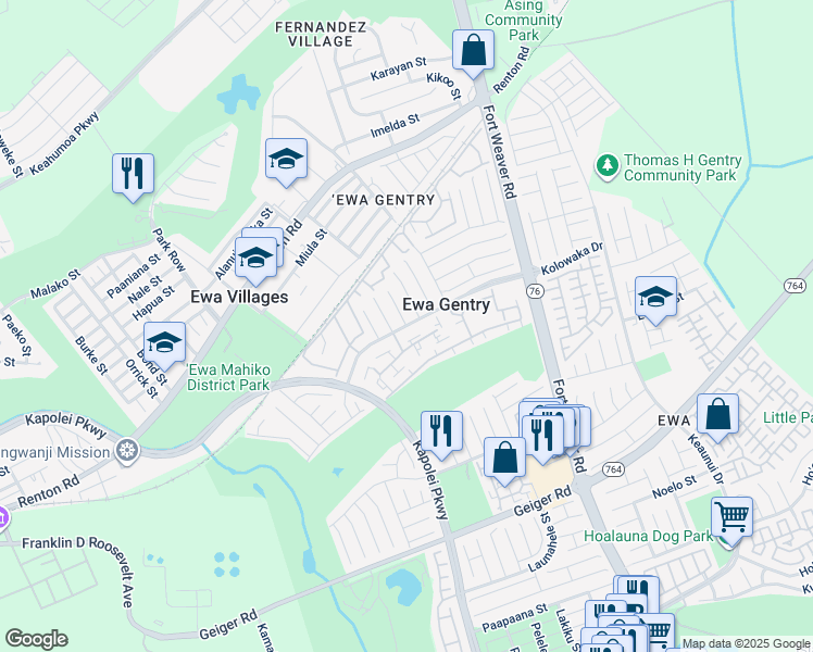 map of restaurants, bars, coffee shops, grocery stores, and more near 115 Waiapo Place in Ewa Beach