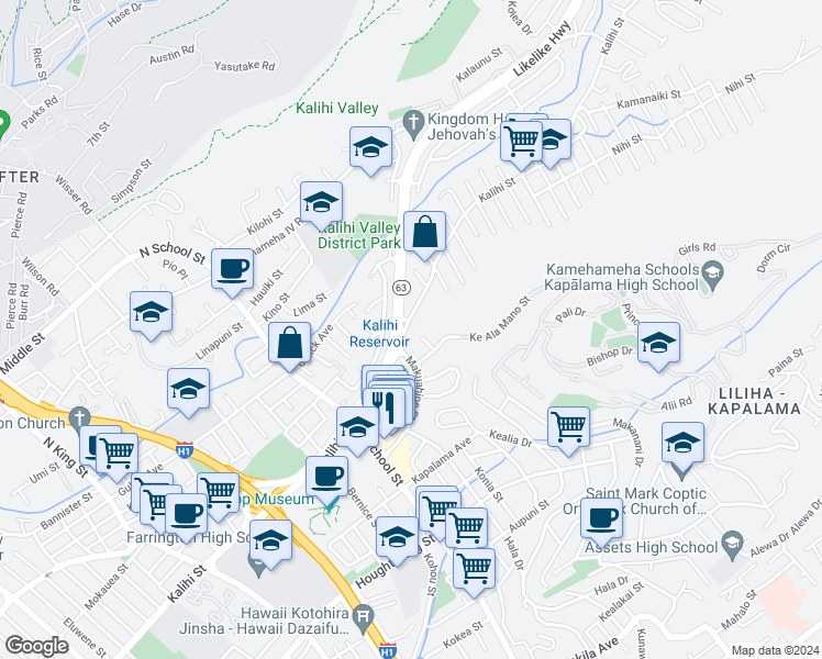 map of restaurants, bars, coffee shops, grocery stores, and more near 1863 Hawaii 63 in Honolulu