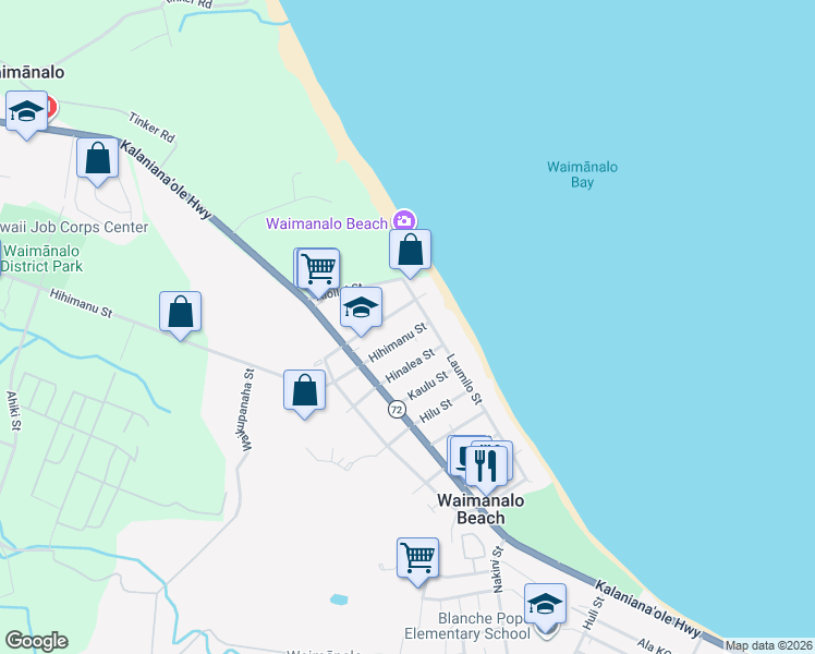 map of restaurants, bars, coffee shops, grocery stores, and more near 41-19 Hihimanu Street in Waimanalo