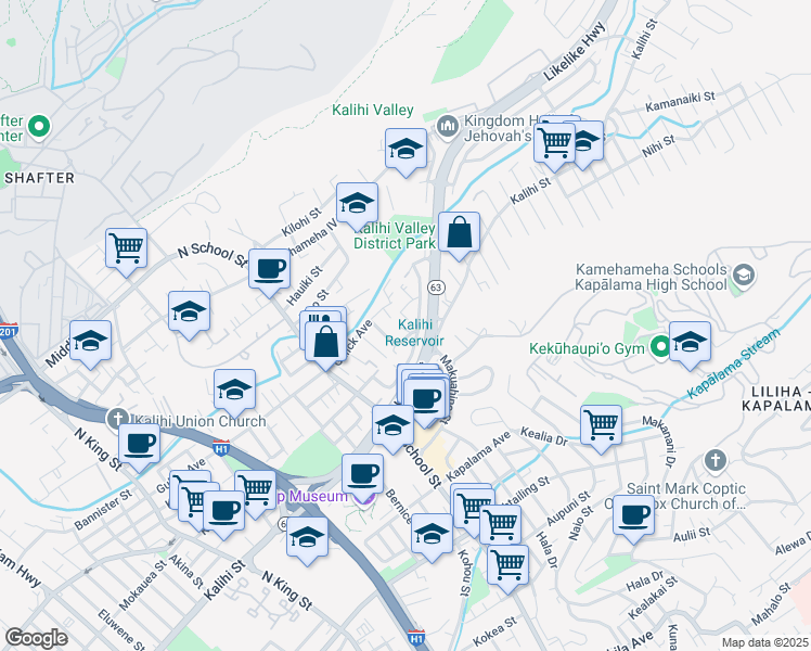 map of restaurants, bars, coffee shops, grocery stores, and more near 1923 Ulana Street in Honolulu
