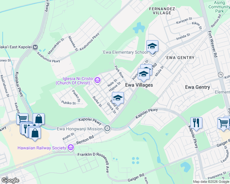 map of restaurants, bars, coffee shops, grocery stores, and more near 91-1114 Halemano Street in Ewa Beach