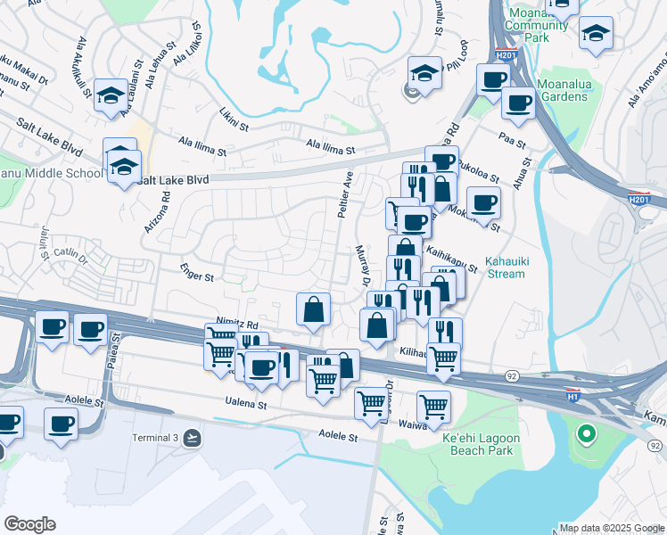 map of restaurants, bars, coffee shops, grocery stores, and more near Peltier Avenue in Honolulu