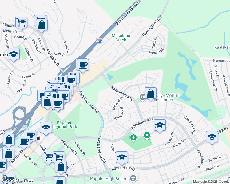 map of restaurants, bars, coffee shops, grocery stores, and more near 91-230 Hokuimo Place in Kapolei