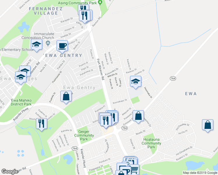 map of restaurants, bars, coffee shops, grocery stores, and more near 91-208 Papahi Place in Ewa Beach