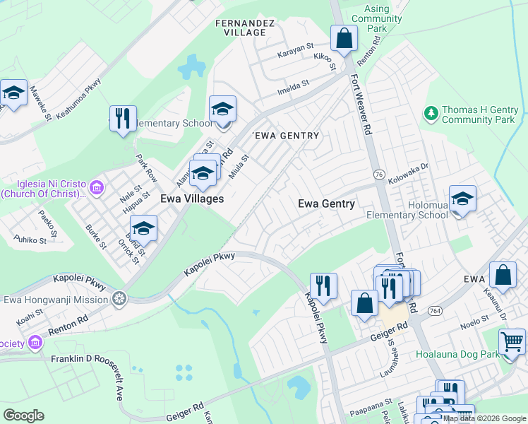 map of restaurants, bars, coffee shops, grocery stores, and more near 91-1100 Puahala Street in Ewa Beach