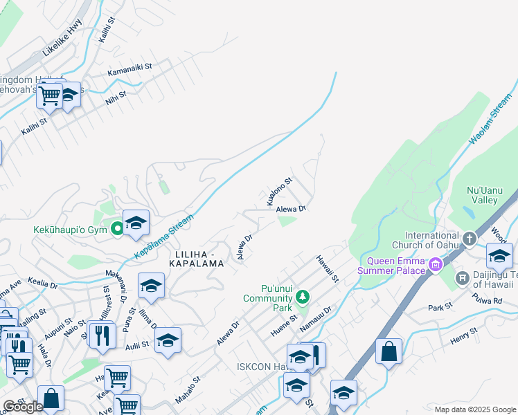 map of restaurants, bars, coffee shops, grocery stores, and more near 1819 Kualono Street in Honolulu
