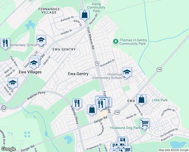 map of restaurants, bars, coffee shops, grocery stores, and more near 250 Fort Weaver Road in Ewa Beach