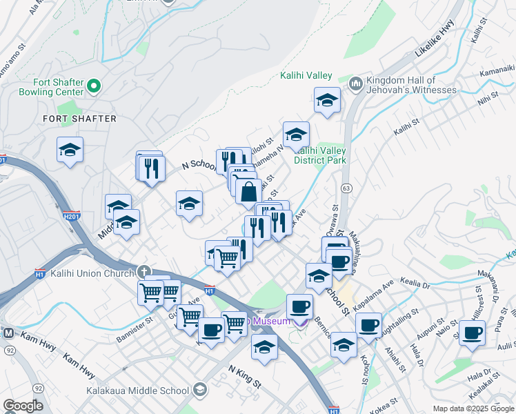 map of restaurants, bars, coffee shops, grocery stores, and more near 1611 Hauiki Street in Honolulu