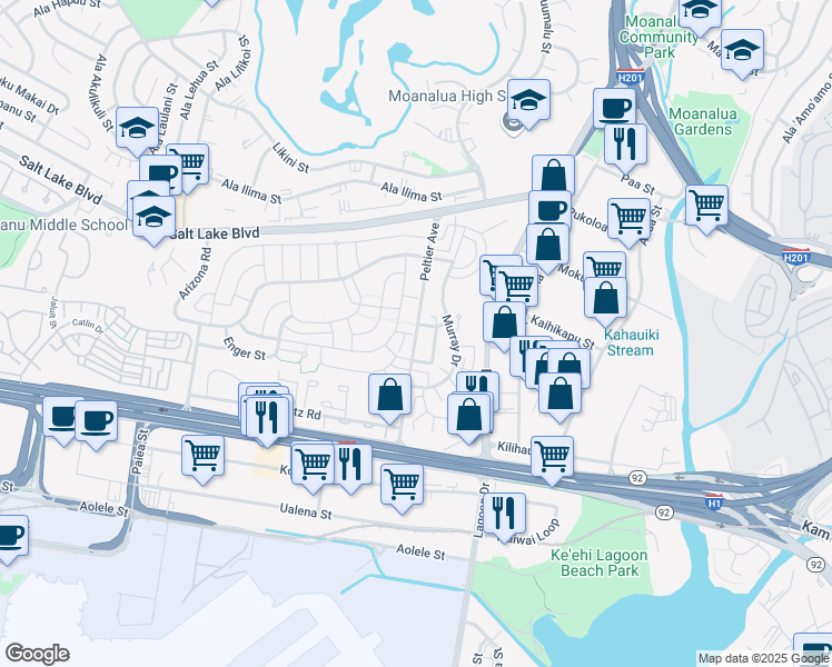 map of restaurants, bars, coffee shops, grocery stores, and more near Peltier Avenue in Honolulu