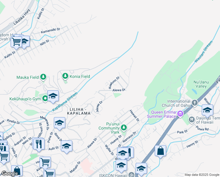 map of restaurants, bars, coffee shops, grocery stores, and more near 1819 Kualono Street in Honolulu