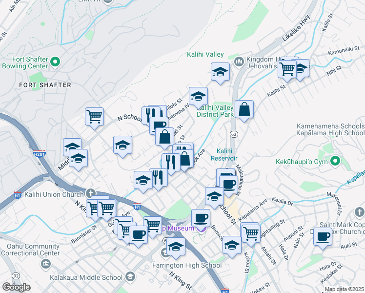 map of restaurants, bars, coffee shops, grocery stores, and more near 1656 Lima Street in Honolulu