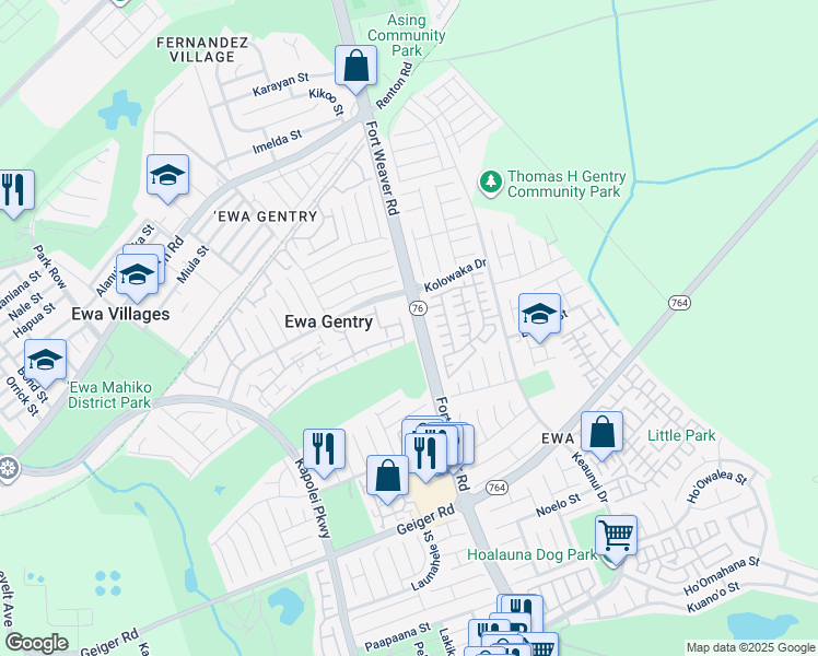 map of restaurants, bars, coffee shops, grocery stores, and more near 250 Fort Weaver Road in Ewa Beach