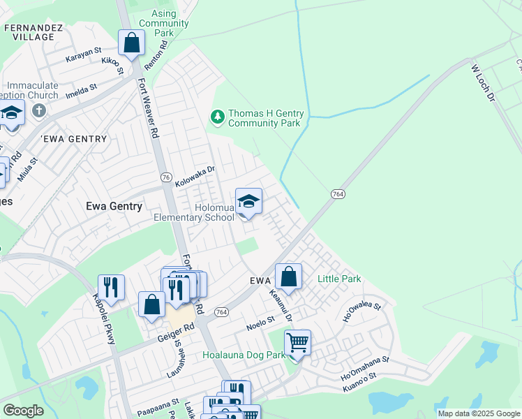 map of restaurants, bars, coffee shops, grocery stores, and more near 91-1002 Huliau Street in Ewa Beach