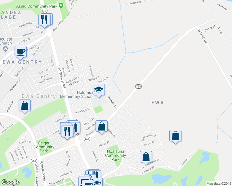 map of restaurants, bars, coffee shops, grocery stores, and more near 91-1034 Laulauna Street in Ewa Beach