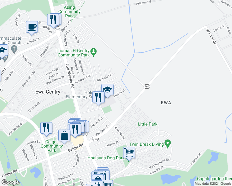 map of restaurants, bars, coffee shops, grocery stores, and more near 91-1022 Huliau Street in Ewa Beach