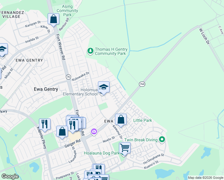 map of restaurants, bars, coffee shops, grocery stores, and more near 91-1020 Huliau Street in Ewa Beach