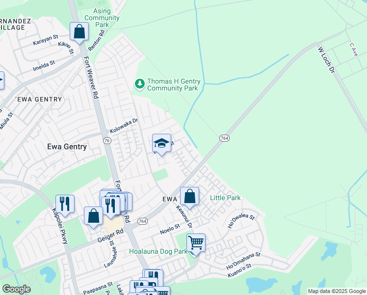 map of restaurants, bars, coffee shops, grocery stores, and more near 91-1034 Laulauna Street in Ewa Beach