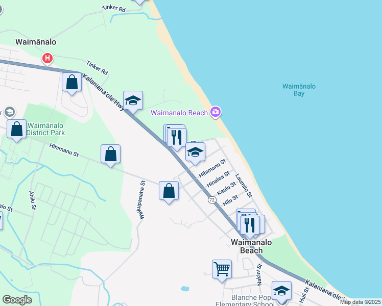 map of restaurants, bars, coffee shops, grocery stores, and more near 41-44 Aloiloi Street in Waimanalo
