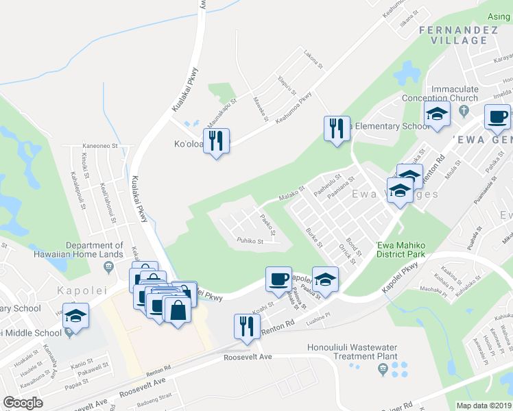 map of restaurants, bars, coffee shops, grocery stores, and more near 91-1791 Paeko Street in Ewa Beach