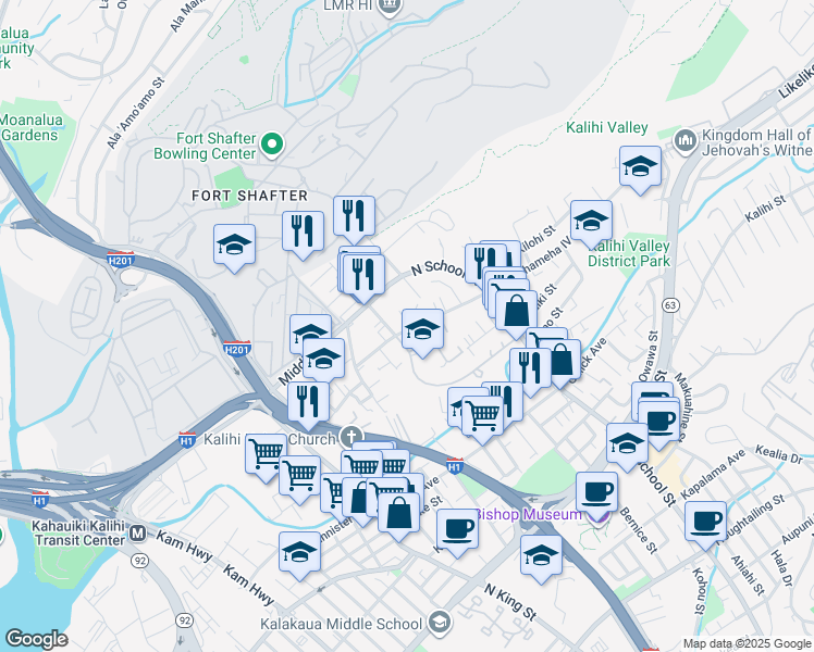 map of restaurants, bars, coffee shops, grocery stores, and more near 1424 Kamehameha IV Road in Honolulu