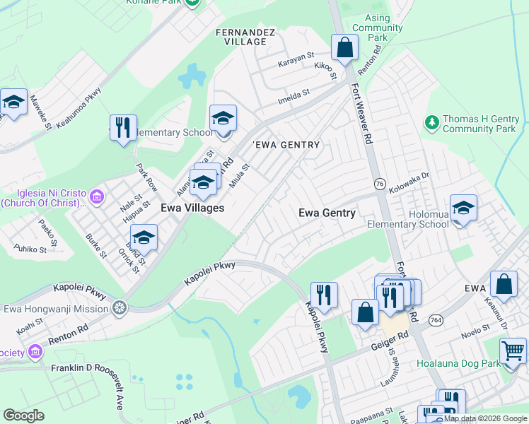 map of restaurants, bars, coffee shops, grocery stores, and more near 91-781 Puamaeole Street in Ewa Beach