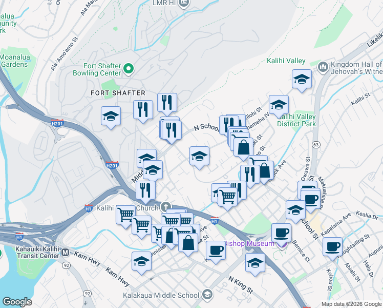 map of restaurants, bars, coffee shops, grocery stores, and more near 1424 Kamehameha IV Road in Honolulu