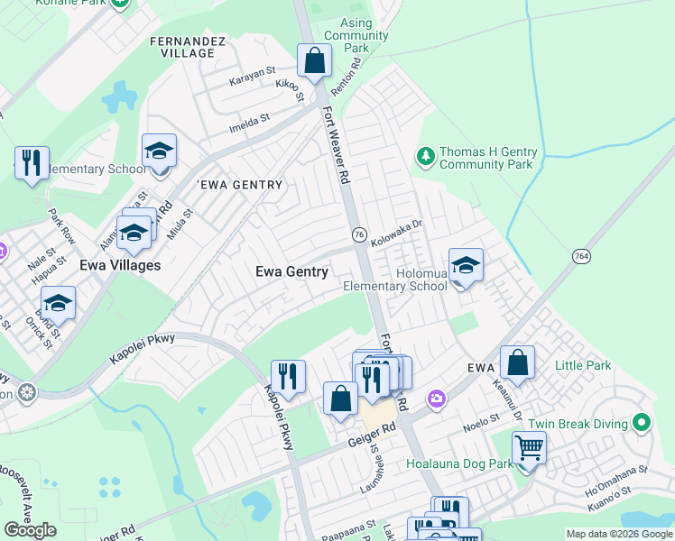 map of restaurants, bars, coffee shops, grocery stores, and more near 91-962 Laaulu Street in Ewa Beach