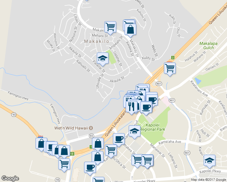 map of restaurants, bars, coffee shops, grocery stores, and more near 92-526 Akaawa Street in Kapolei