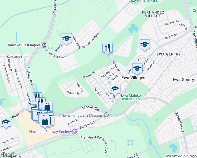 map of restaurants, bars, coffee shops, grocery stores, and more near 91-1105 Paaniana Street in Ewa Beach
