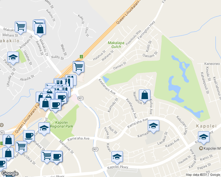 map of restaurants, bars, coffee shops, grocery stores, and more near 91-230 Hokuimo Place in Kapolei