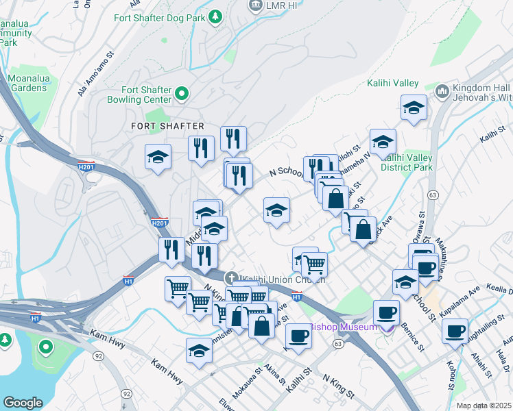 map of restaurants, bars, coffee shops, grocery stores, and more near 2335 Rose Street in Honolulu