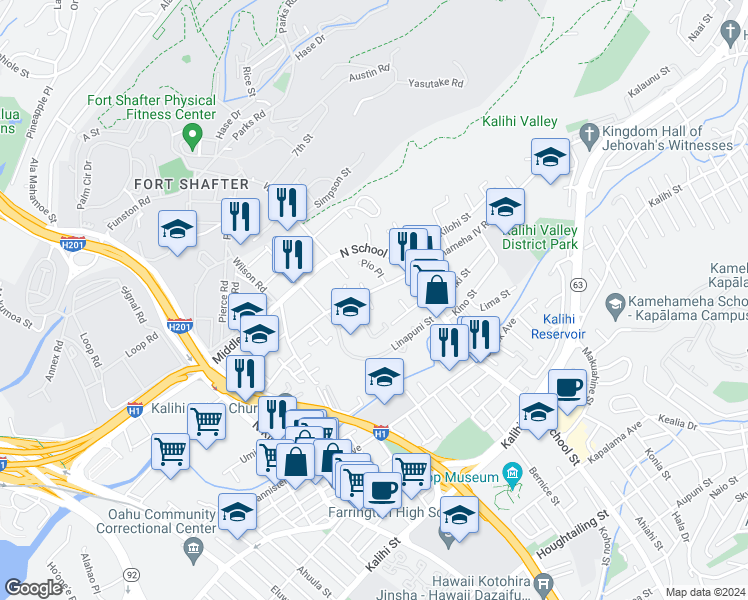 map of restaurants, bars, coffee shops, grocery stores, and more near 2320 Owene Ln in Honolulu