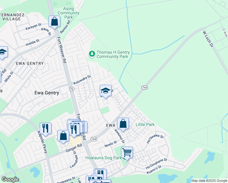 map of restaurants, bars, coffee shops, grocery stores, and more near 91-1022 Huliau Street in Ewa Beach