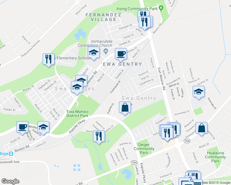 map of restaurants, bars, coffee shops, grocery stores, and more near 91-879 Puamaeole Street in Ewa Beach