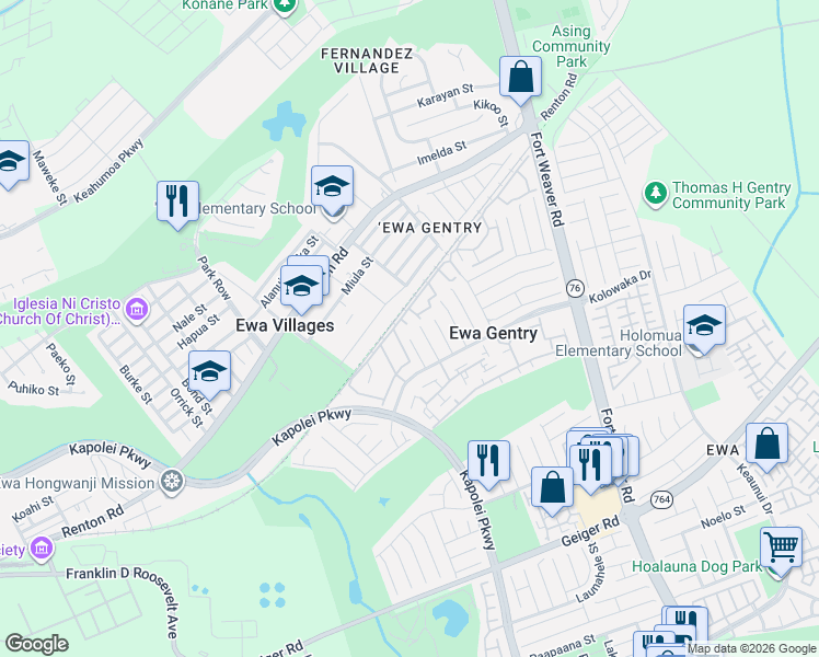 map of restaurants, bars, coffee shops, grocery stores, and more near 91-905 Wailewa Place in Ewa Beach