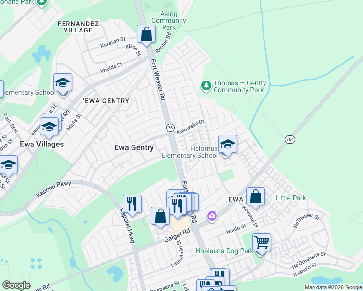 map of restaurants, bars, coffee shops, grocery stores, and more near 91-219 Niukahiki Place in Ewa Beach