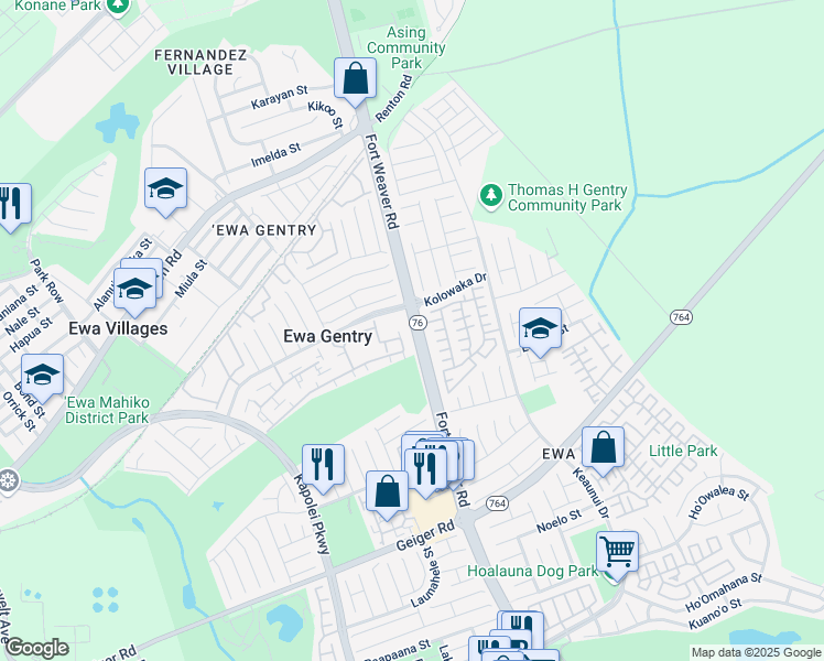 map of restaurants, bars, coffee shops, grocery stores, and more near 250 Fort Weaver Road in Ewa Beach