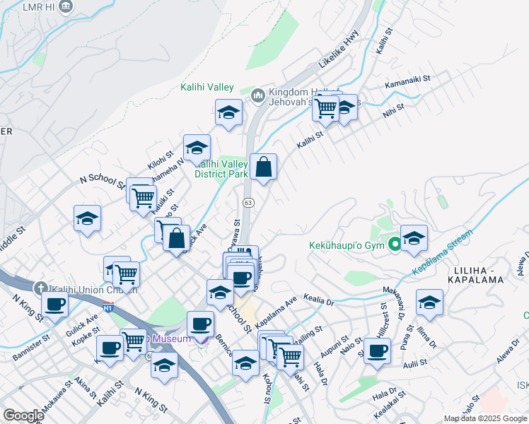 map of restaurants, bars, coffee shops, grocery stores, and more near 1856 Kalihi Street in Honolulu