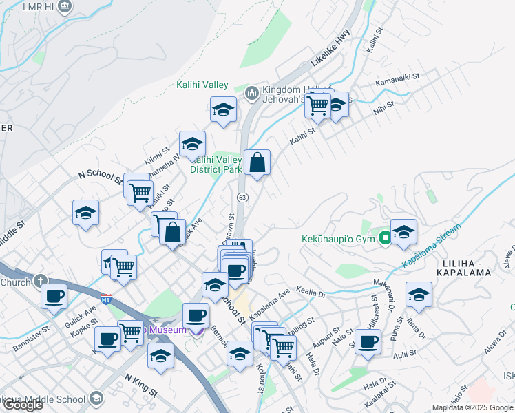 map of restaurants, bars, coffee shops, grocery stores, and more near 1915 Kalihi Street in Honolulu